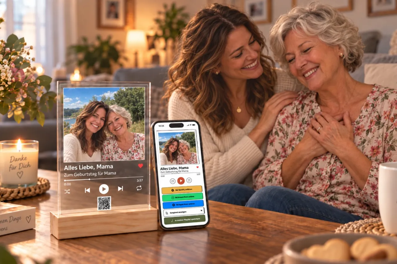 Tochter zeigt ihrer Mutter den persönlichen Song auf dem Handy, vor ihnen der Acrylständer mit ihrem gemeinsamen Foto — die Mutter hält sich gerührt die Hände ans Herz