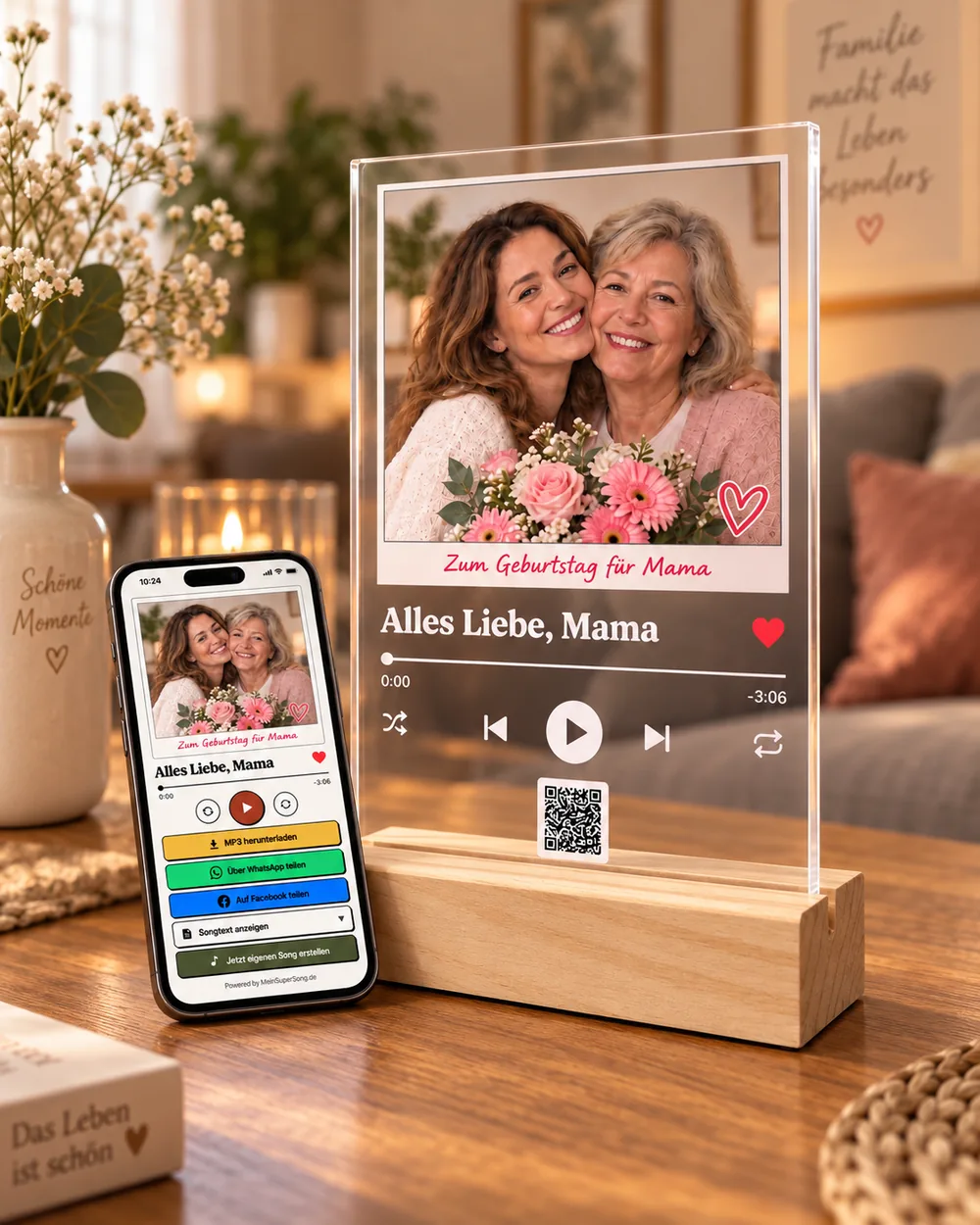Acrylständer mit Song-Cover, QR-Code und Echtholz-Sockel auf dem Wohnzimmertisch, daneben das Handy mit derselben Songseite