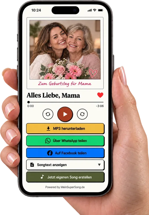 Handy in der Hand mit der persönlichen Songseite: Cover, Abspielknopf, MP3 herunterladen und Teilen per WhatsApp